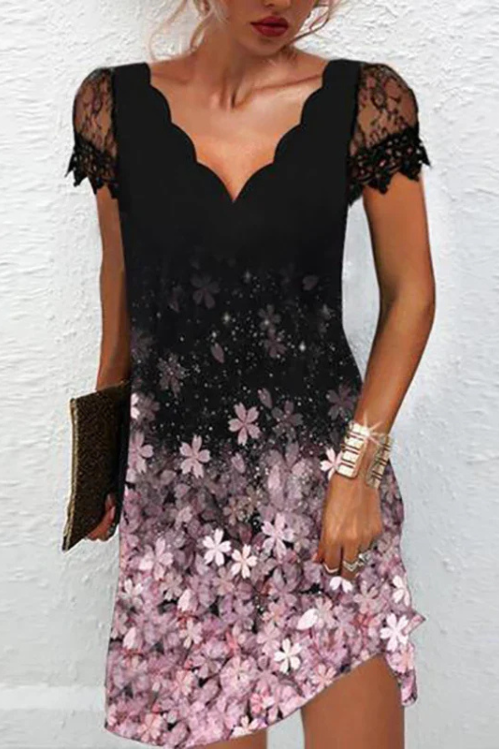 Women Lace Sleeve Midi Wedding-Guest Dress – Modern Everyday Look – Black &amp; White – 3xL