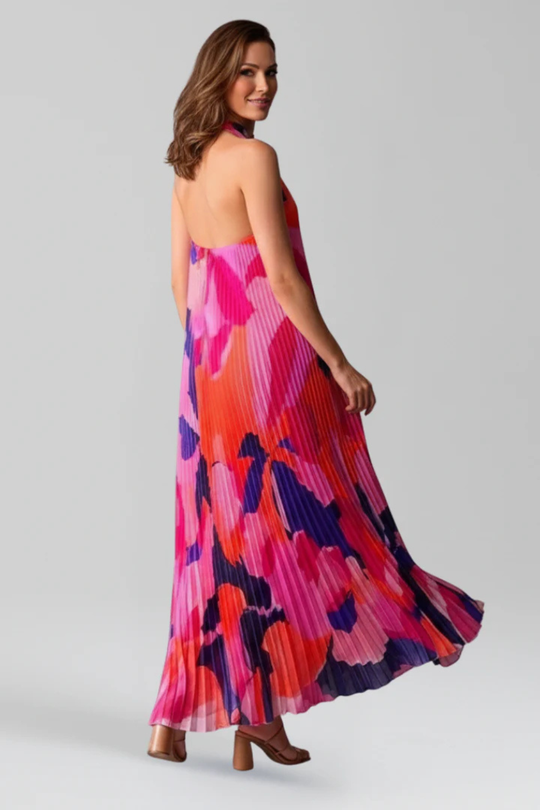 Women Printed Pleated Halter Neck Wedding-Guest Maxi Dress – Modern Everyday Look – Pink – M