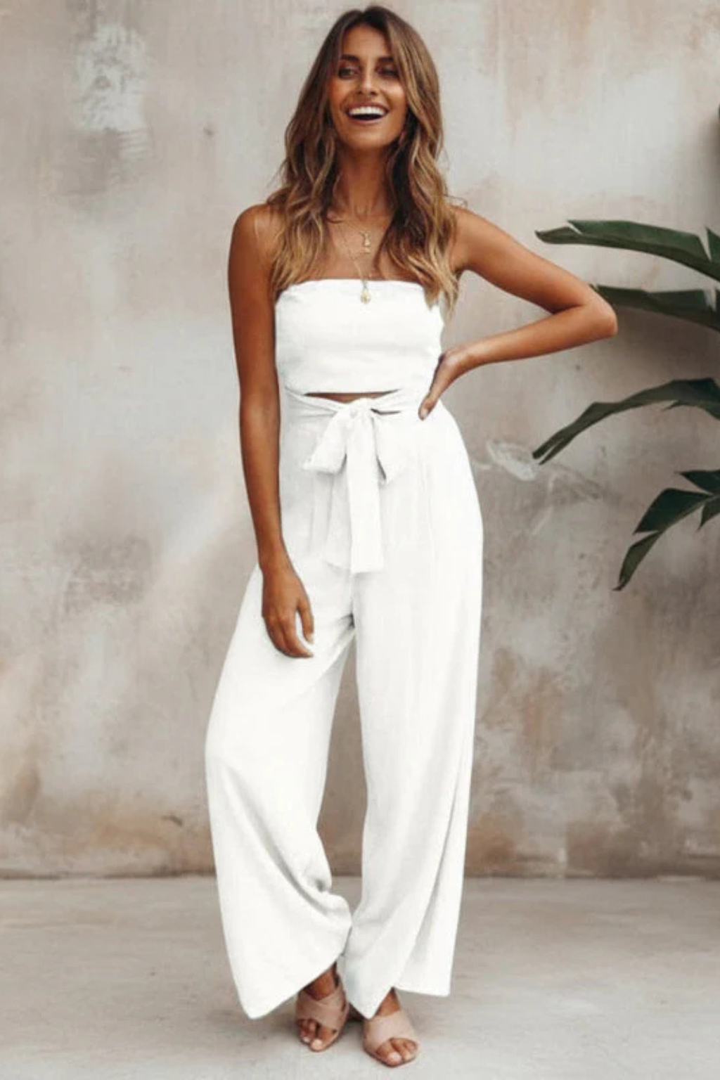 Women Strapless Bandeau Crop Top and High Waist Wide-Leg Trousers Set – Modern Everyday Look – White – S