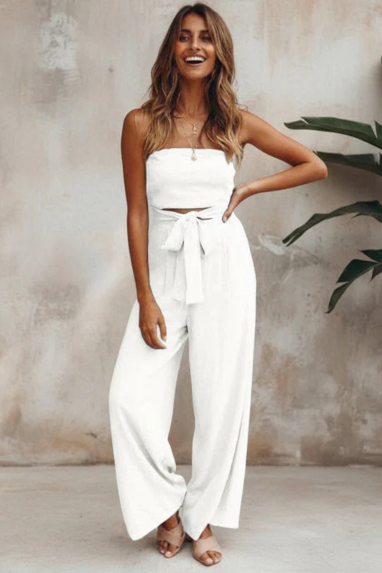 Women Strapless Bandeau Crop Top and High Waist Wide-Leg Trousers Set – Modern Everyday Look – White – S