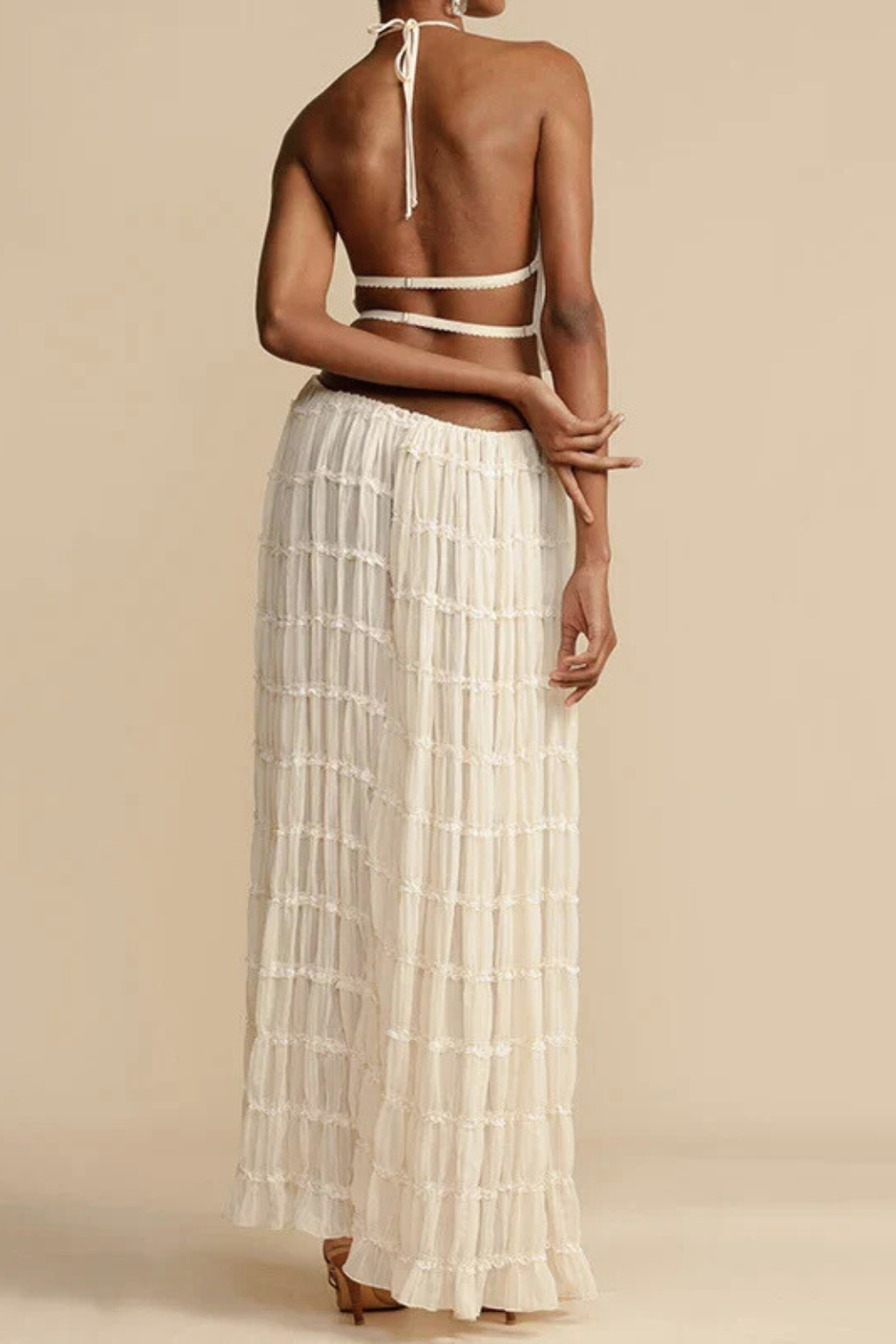 Women Ruched Halter Top and Maxi Skirt 2 Piece Set – Modern Everyday Look – White – 2XL