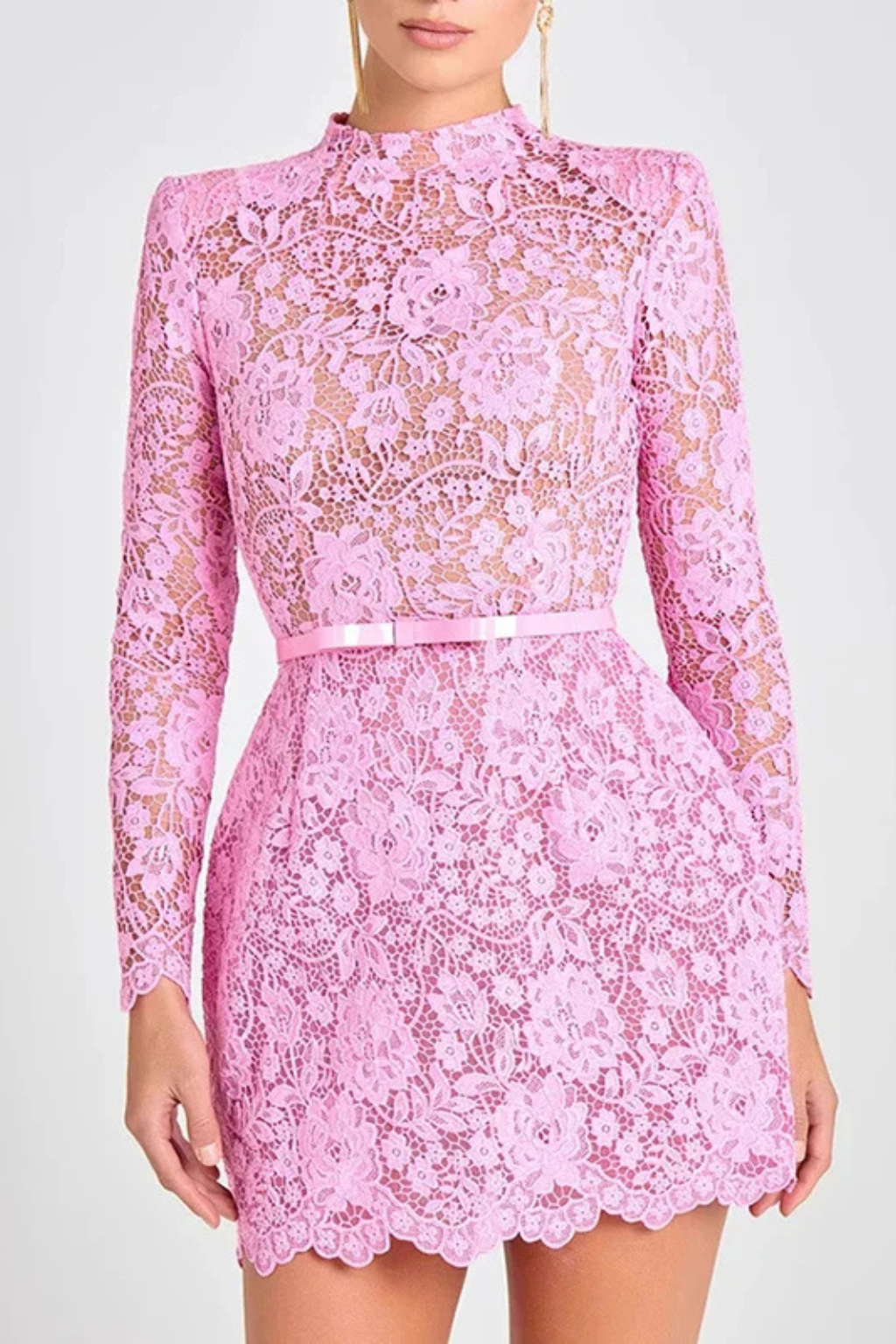 Women High Neck Long-Sleeve Floral Lace Mini Dress with Belt – Modern Everyday Look – Pink – M