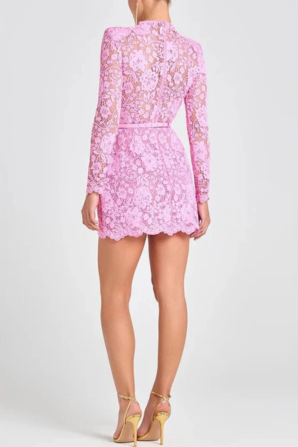 Women High Neck Long-Sleeve Floral Lace Mini Dress with Belt – Modern Everyday Look – Pink – L