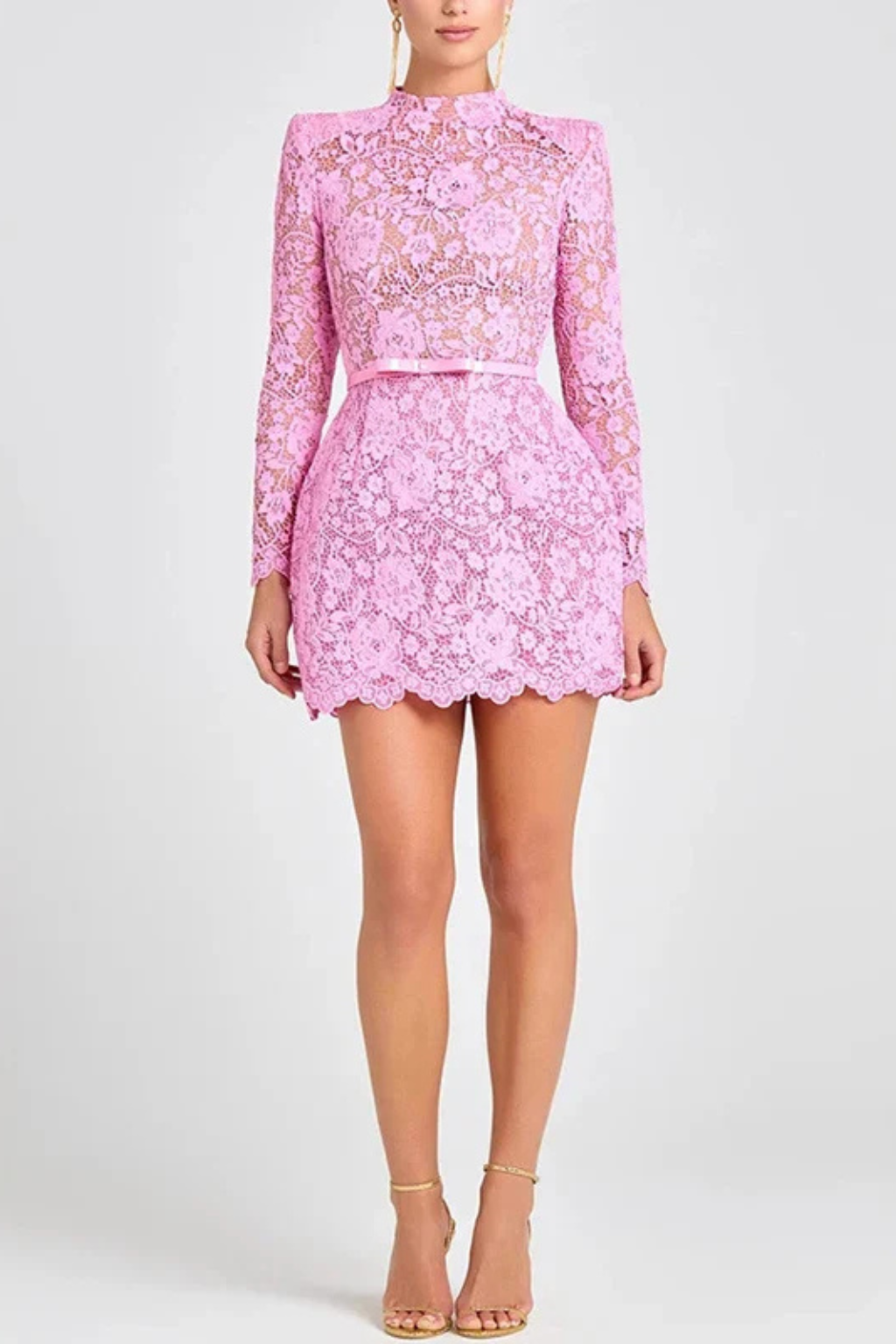 Women High Neck Long-Sleeve Floral Lace Mini Dress with Belt – Modern Everyday Look – Pink – 2XL