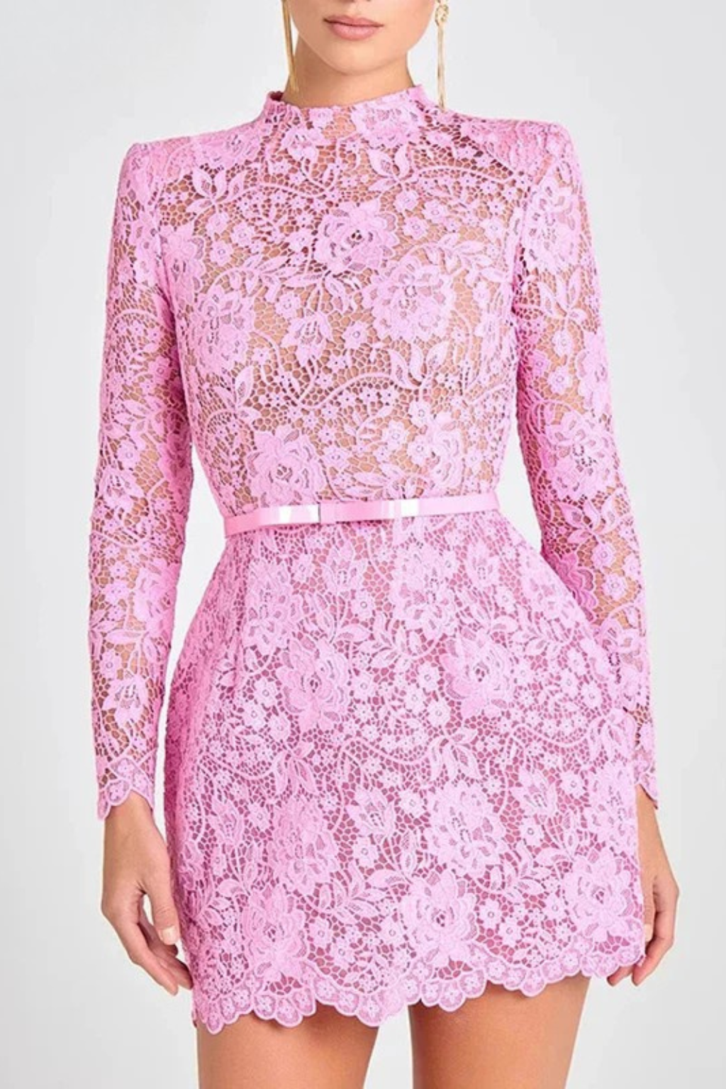 Women High Neck Long-Sleeve Floral Lace Mini Dress with Belt – Modern Everyday Look