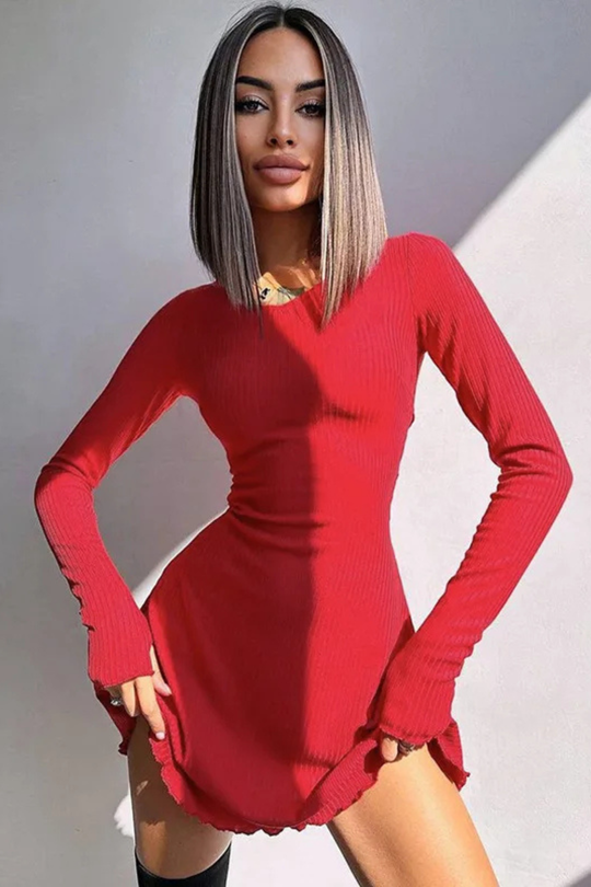 Women Long-Sleeve Ribbed Bodycon Scallop Hem Mini Dress – Modern Everyday Look – Red – S
