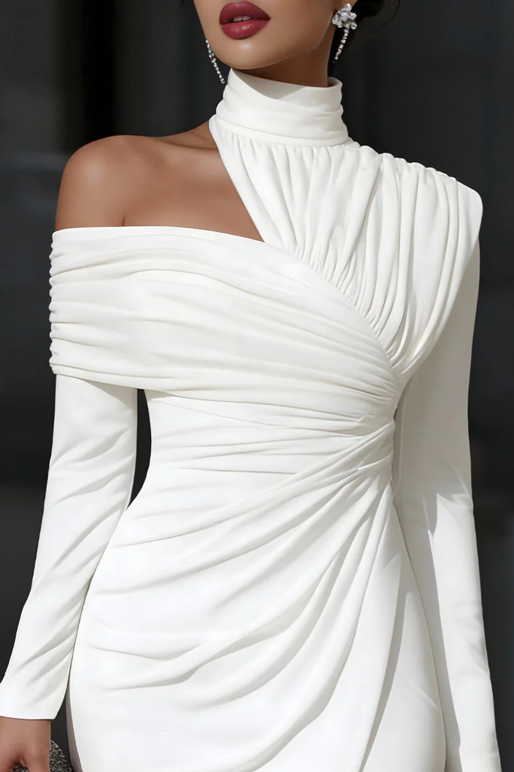 Women Asymmetric One-Shoulder Wedding-Guest Midi Dress – Modern Everyday Look – White – XL