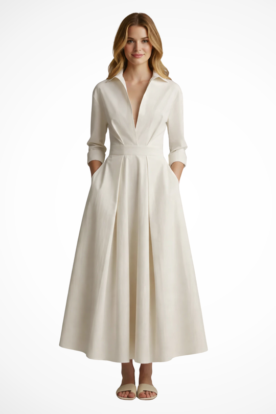Women Collared Button Front Fitted Waist Midi Dress – Modern Everyday Look – Beige – XS
