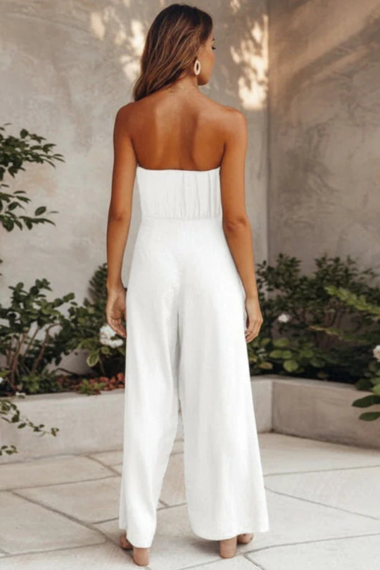 Women Strapless Bandeau Crop Top and High Waist Wide-Leg Trousers Set – Modern Everyday Look – White – M