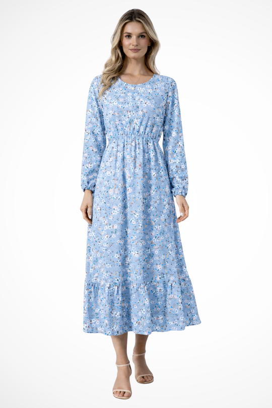 Women Floral Long-Sleeve Maxi Summer Boho Midi Dress – Modern Everyday Look – Blue – S
