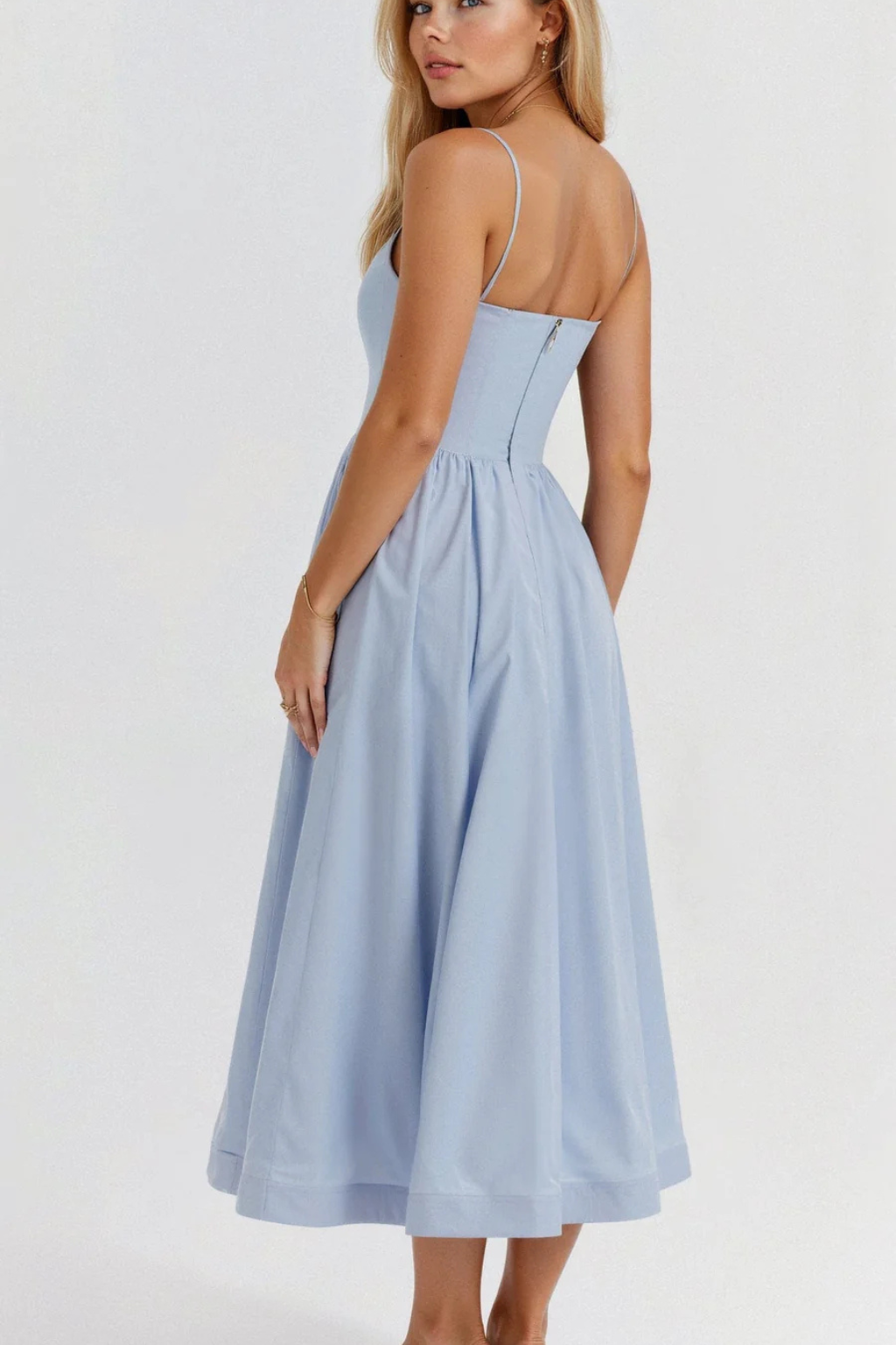 Women Ascot Style a Line Wedding-Guest Midi Dress – Modern Everyday Look – Light Blue – L