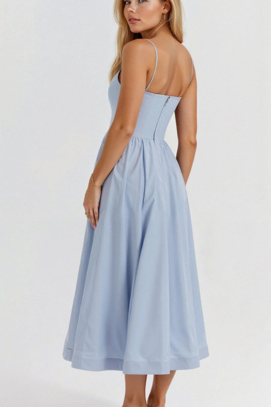 Women Ascot Style a Line Wedding-Guest Midi Dress – Modern Everyday Look – Light Blue – L