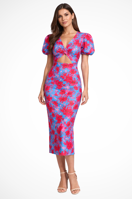 Women Printed Puff Sleeve Occasion Summer Midi Dress – Modern Everyday Look – Blue &amp; Red – XS
