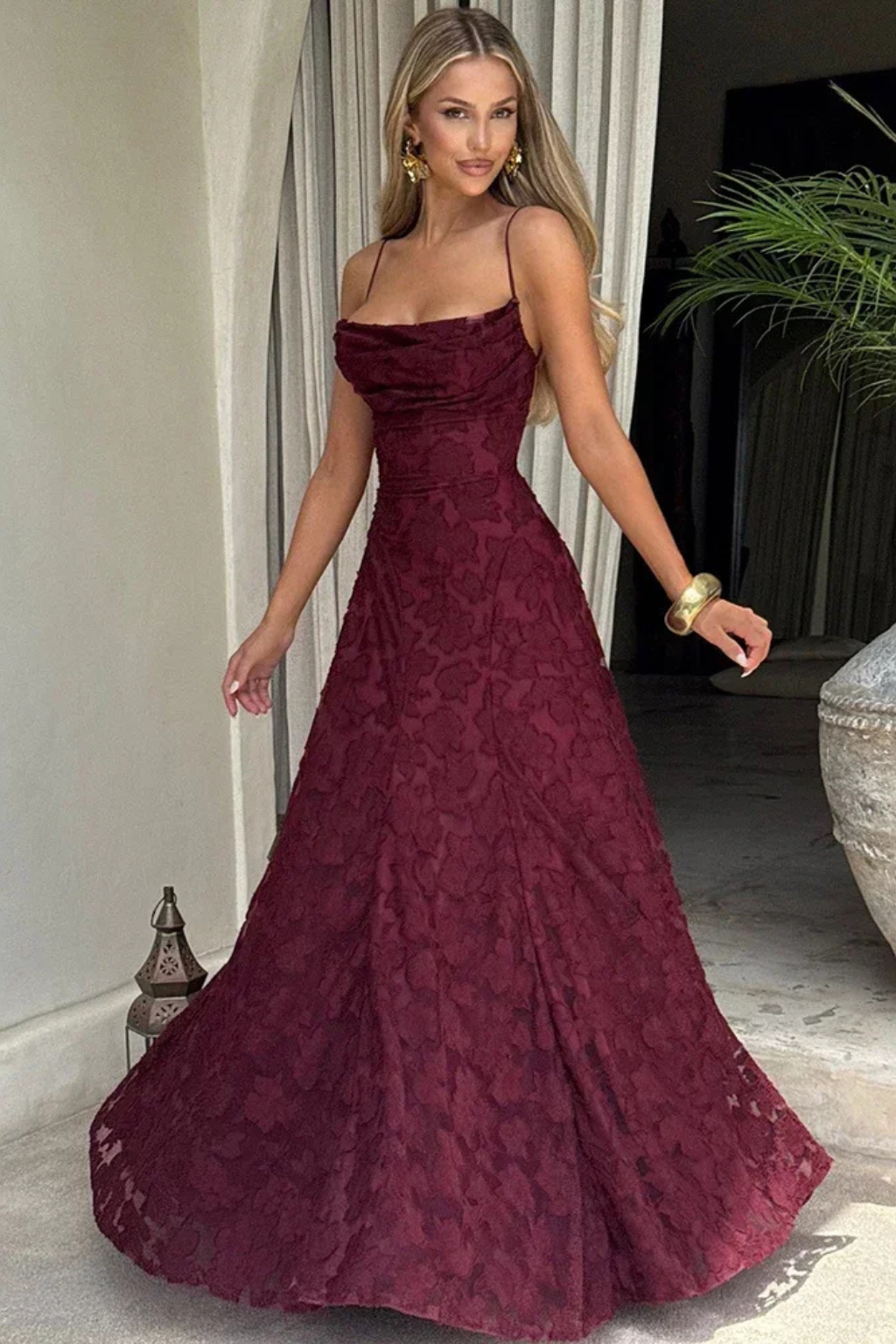 Women Spaghetti Strap Lace Up Backless Floral Jacquard Formal Maxi Dress – Refined Occasion Style – White – S