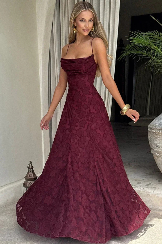 Women Spaghetti Strap Lace Up Backless Floral Jacquard Formal Maxi Dress – Refined Occasion Style – White – S
