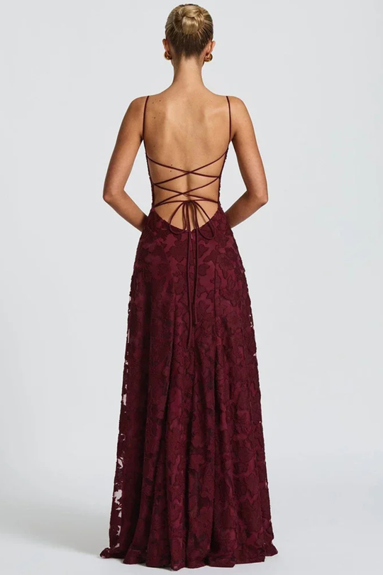 Women Spaghetti Strap Lace Up Backless Floral Jacquard Formal Maxi Dress – Refined Occasion Style – White – L