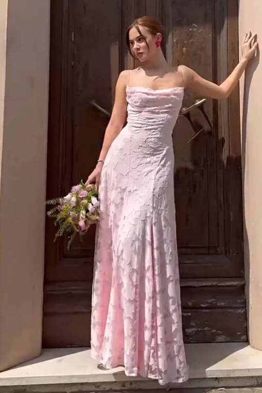 Women Spaghetti Strap Lace Up Backless Floral Jacquard Formal Maxi Dress – Refined Occasion Style – Claret – M