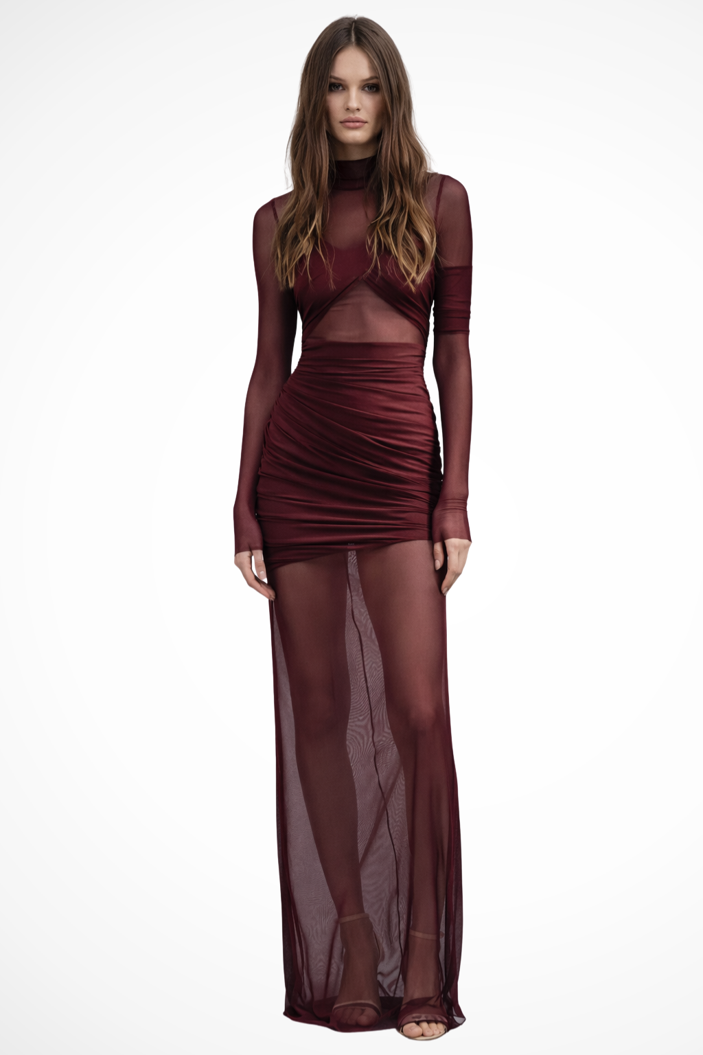 Women Long-Sleeve Sheer Mesh Layered Bodycon Wedding-Guest Maxi Dress – Modern Everyday Look – Claret – XS