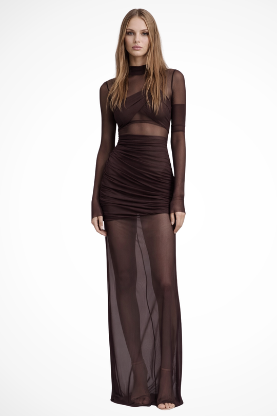 Women Long-Sleeve Sheer Mesh Layered Bodycon Wedding-Guest Maxi Dress – Modern Everyday Look – Claret – XL