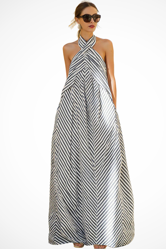 Women Striped Halter Neck Summer Maxi Dress – Modern Everyday Look – Light Blue – L