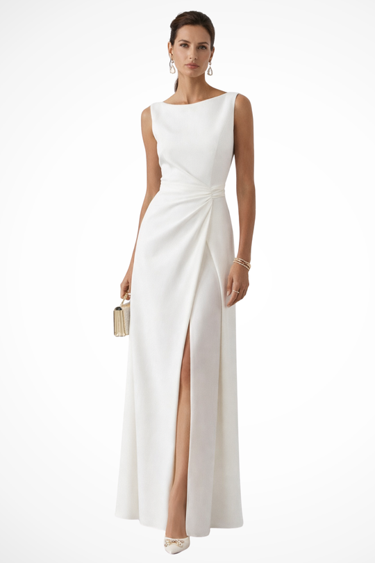Women Sleeveless Draped Waist Wedding-Guest Maxi Dress – Modern Everyday Look – White – XS