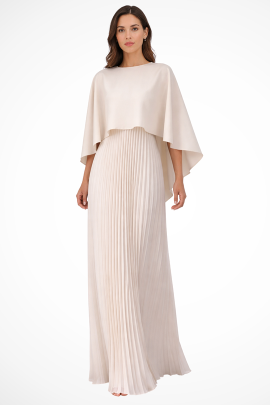 Women Cape Sleeve Pleated Wedding-Guest Maxi Dress – Modern Everyday Look – Beige – XS