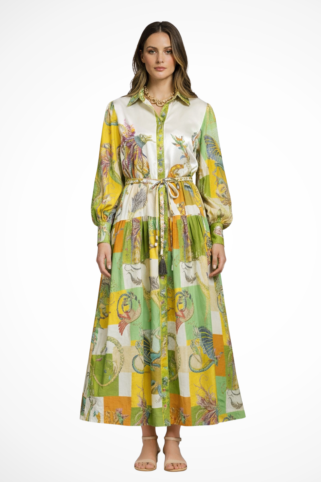Women Long-Sleeve V-Neck Printed Tiered Maxi Dress – Modern Everyday Look – Green – 2XL