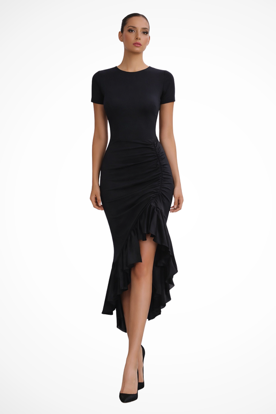 Women Ruched Asymmetric Ruffle Wedding-Guest Maxi Dress – Modern Everyday Look – Black – XS