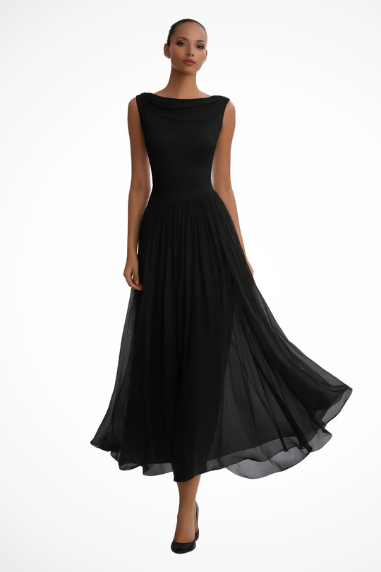 Women Draped Pleated Wedding-Guest Midi Dress – Modern Everyday Look – Black – XS