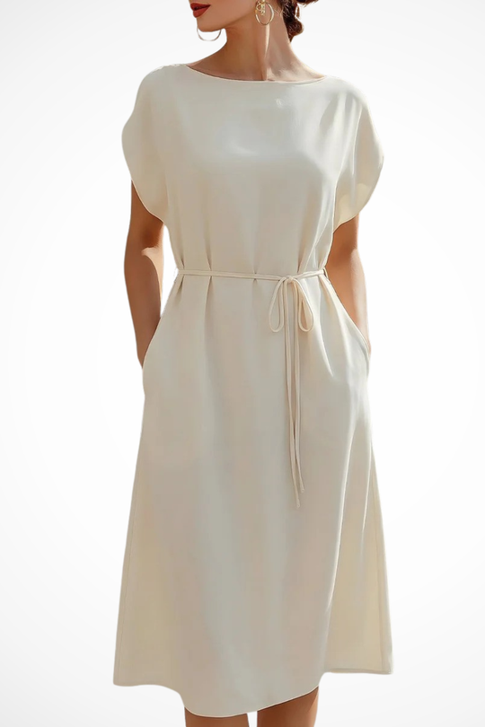 Women Batwing Sleeve Tie Waist Wedding-Guest Midi Dress – Modern Everyday Look – White – S