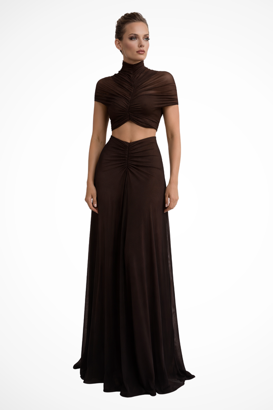 Women Short-Sleeve Cut Out High Neck Ruched Wedding-Guest Maxi Dress – Modern Everyday Look – Black – 2XL