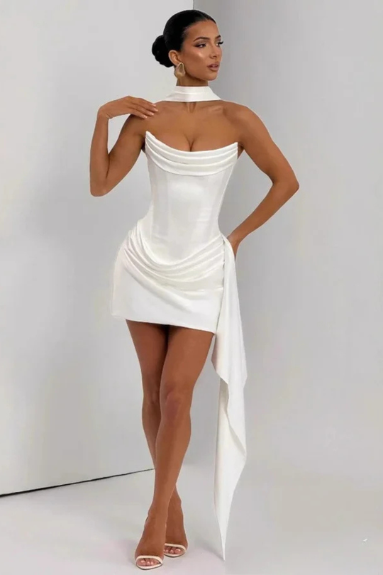 Women Strapless Corset Mini Satin Wedding-Guest Dress – Modern Everyday Look – Creamy White – S