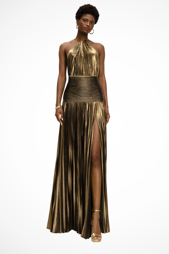 Women Halter Neck Pleated Satin Wedding-Guest Maxi Dress – Modern Everyday Look – Antique Gold – S
