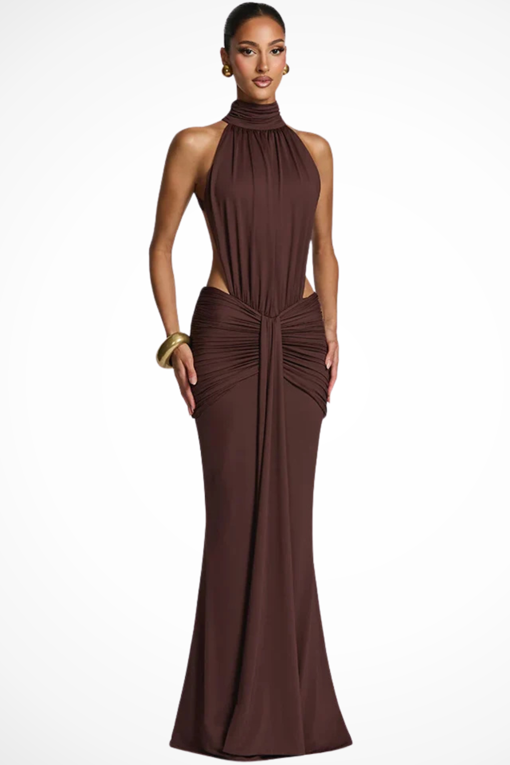 Women High Neck Backless Ruched Wedding-Guest Maxi Dress – Modern Everyday Look – Coffee – XS