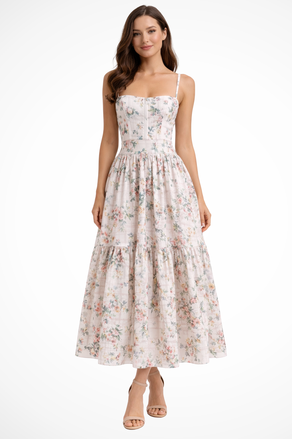 Women Tiered Summer Wedding-Guest Floral Midi Dress – Modern Everyday Look – Lilac Flower – XS