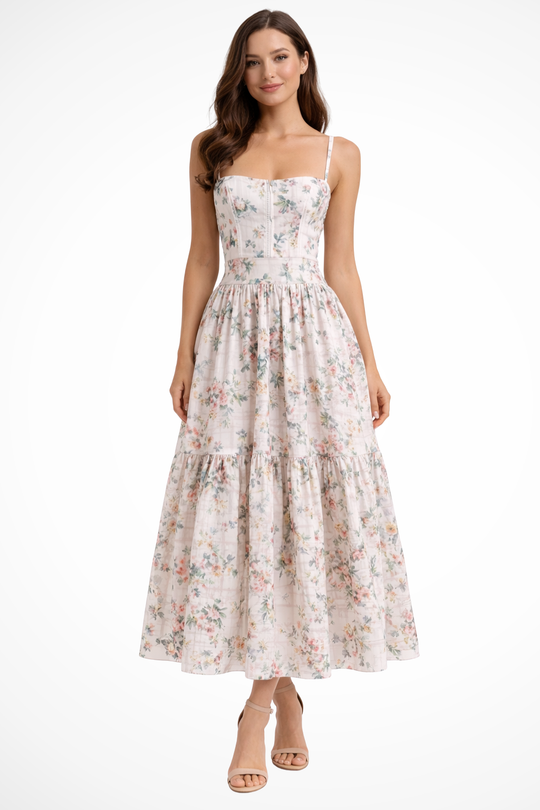 Women Tiered Summer Wedding-Guest Floral Midi Dress – Modern Everyday Look – Lilac Flower – XS