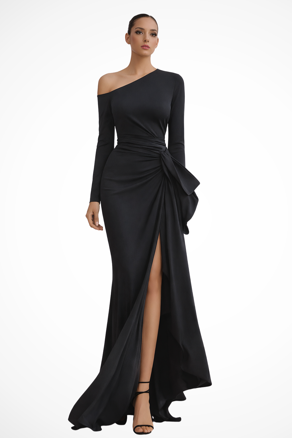 Women One-Shoulder Long-Sleeve Ruched Wedding-Guest Maxi Dress – Modern Everyday Look – Black – XS