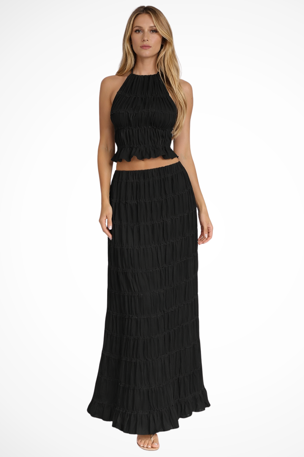 Women Ruched Halter Top and Maxi Skirt 2 Piece Set – Modern Everyday Look – Apricot – XL