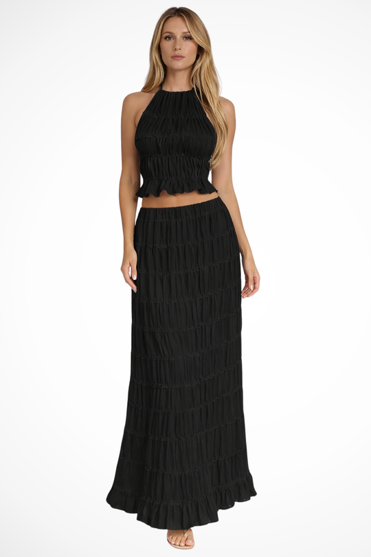 Women Ruched Halter Top and Maxi Skirt 2 Piece Set – Modern Everyday Look – Apricot – XL