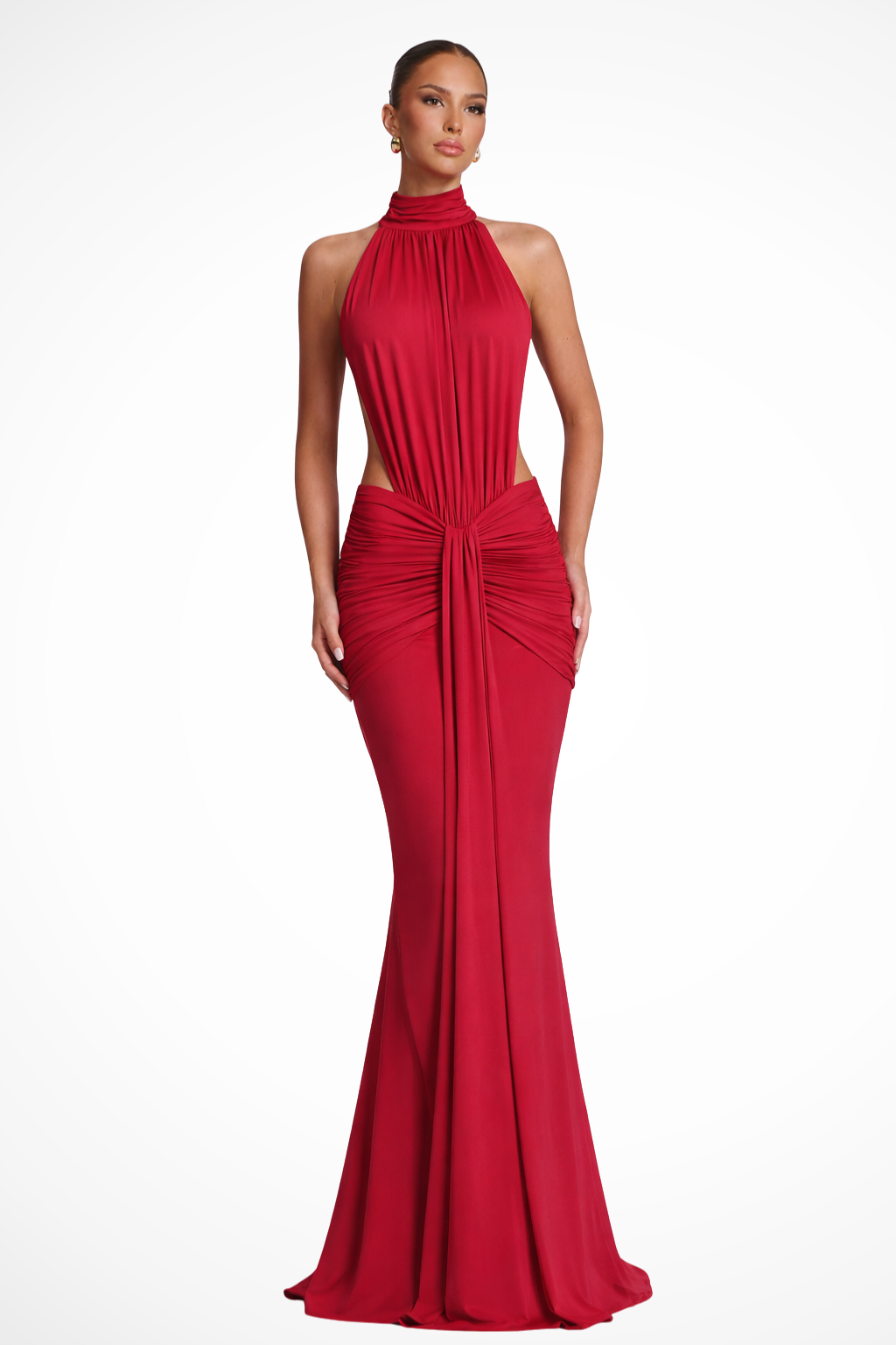 Women Halter Neck Backless Ruched Bodycon Weddign Guest Maxi Dress – Modern Everyday Look – Coffee – XS