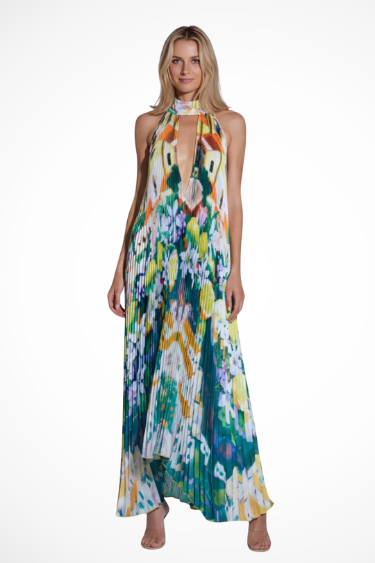 Women Printed Pleated Halter Neck Wedding-Guest Maxi Dress – Modern Everyday Look – Green – 2XL