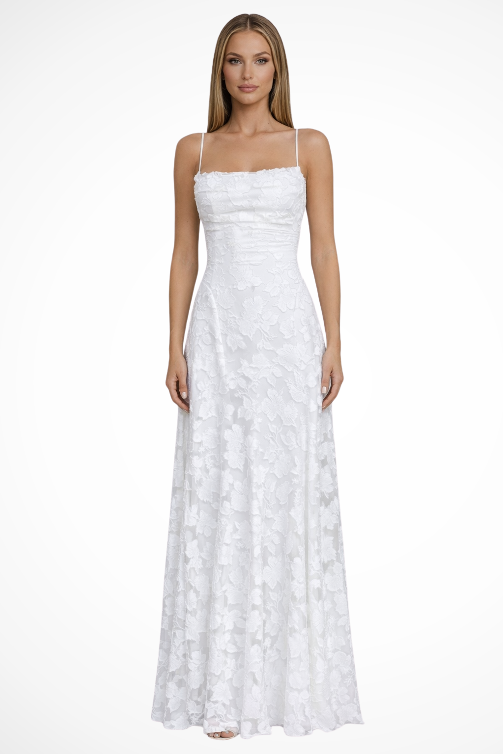 Women Spaghetti Strap Lace Up Backless Floral Jacquard Formal Maxi Dress – Refined Occasion Style – White – XL