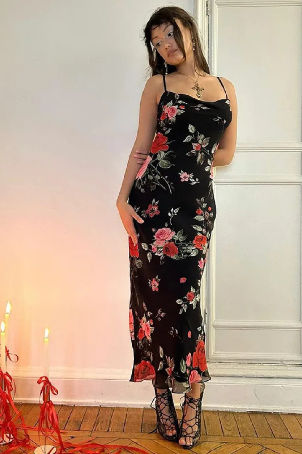 Women Floral Spaghetti Strap Maxi Summer Wedding Dress – Modern Everyday Look – Ivory – S