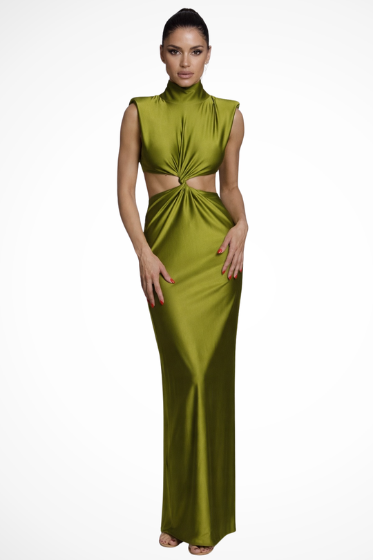 Women High Neck Sleeveless Twisted Cut Out Bodycon Maxi Dress – Modern Everyday Look – Green – XS