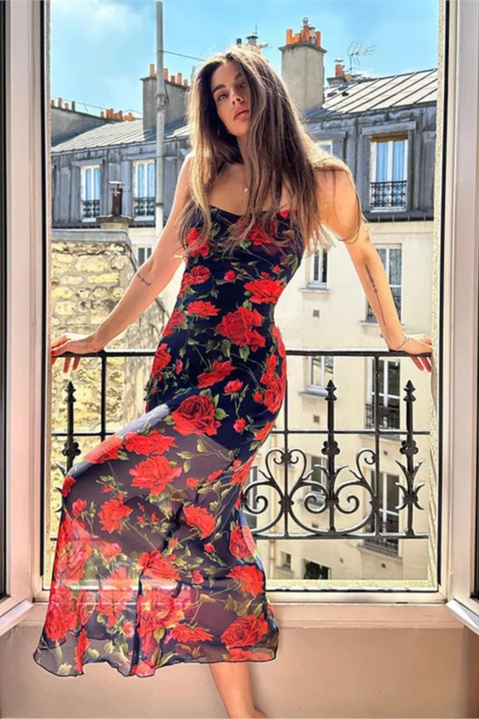 Women Floral Spaghetti Strap Maxi Summer Wedding Dress – Modern Everyday Look – Ivory – 2XL
