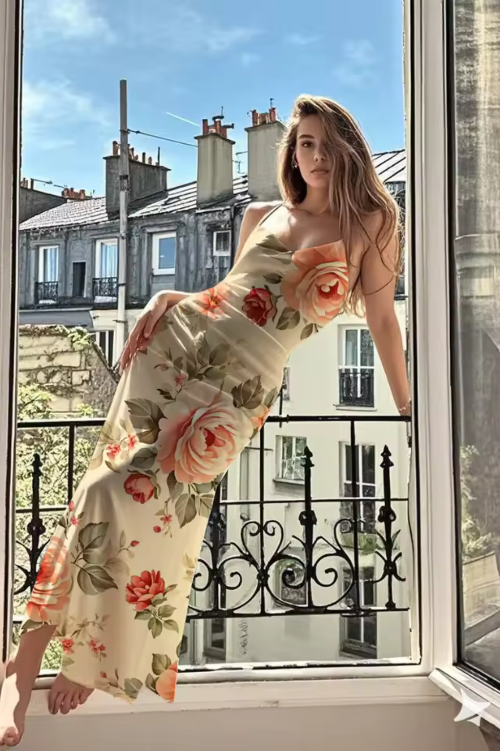 Women Floral Spaghetti Strap Maxi Summer Wedding Dress – Modern Everyday Look – Ivory – L