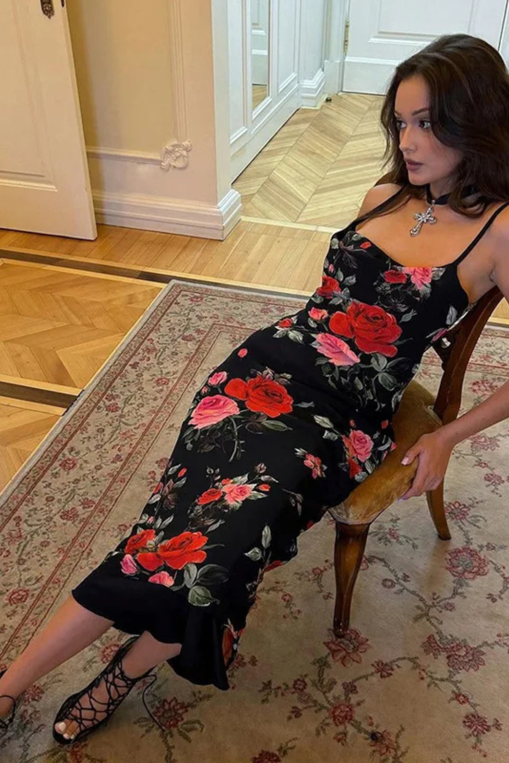 Women Floral Spaghetti Strap Maxi Summer Wedding Dress – Modern Everyday Look – Red – M