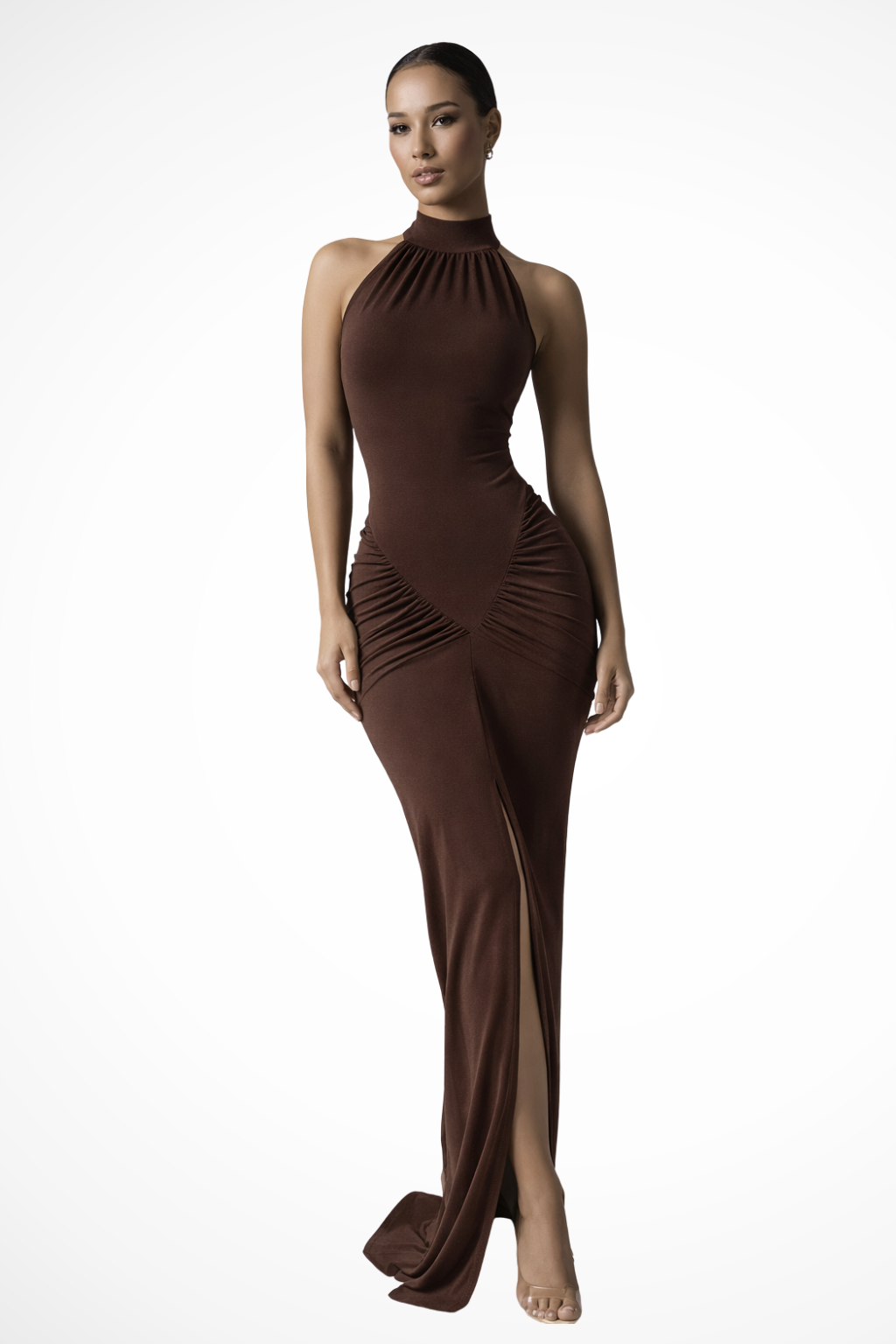 Women Halter Neck Sleeveless Ruched Slit Baby Shower Maxi Dress – Modern Everyday Look – Red – XS