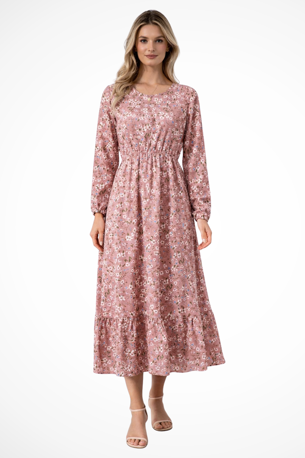 Women Floral Long-Sleeve Maxi Summer Boho Midi Dress – Modern Everyday Look – Blue – L