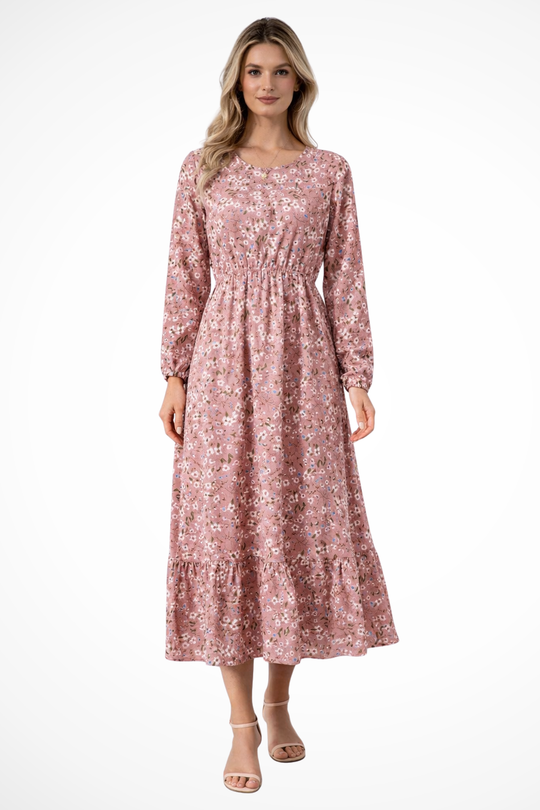 Women Floral Long-Sleeve Maxi Summer Boho Midi Dress – Modern Everyday Look – Blue – L